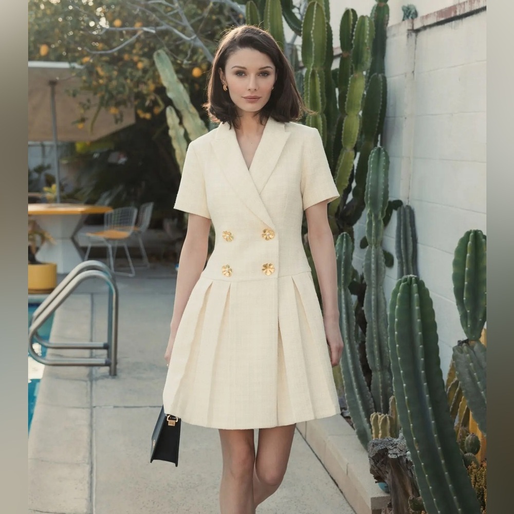 Mac Duggal White Tweed Short‎ Sleeve Blazer Mini Dress